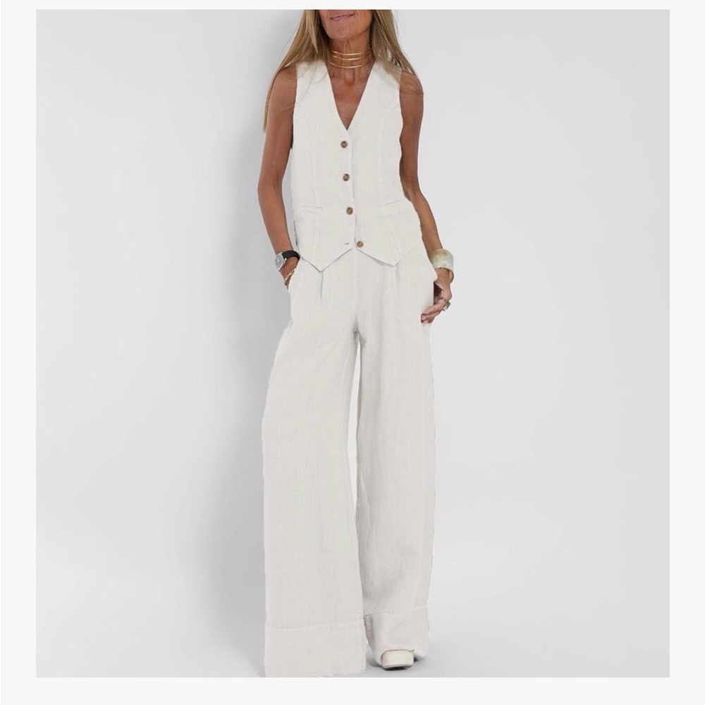 Sleeveless Button Vest & Wide-Leg Pants Set - Cream